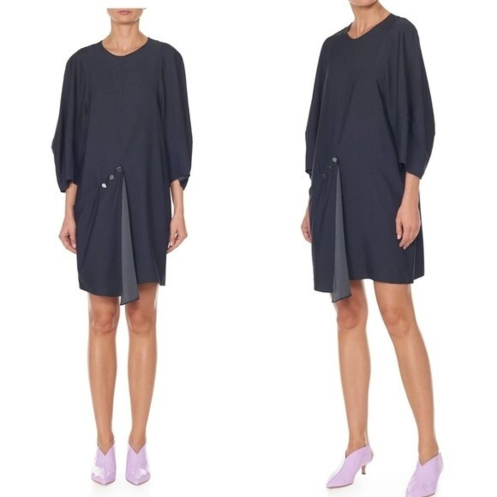 Tibi Washed Viscose Navy Balloon Sleeve Asymmetrical Short Flap Front Dress 4